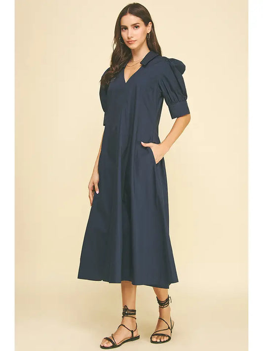 Pleated A Line Dress In Deep Navy