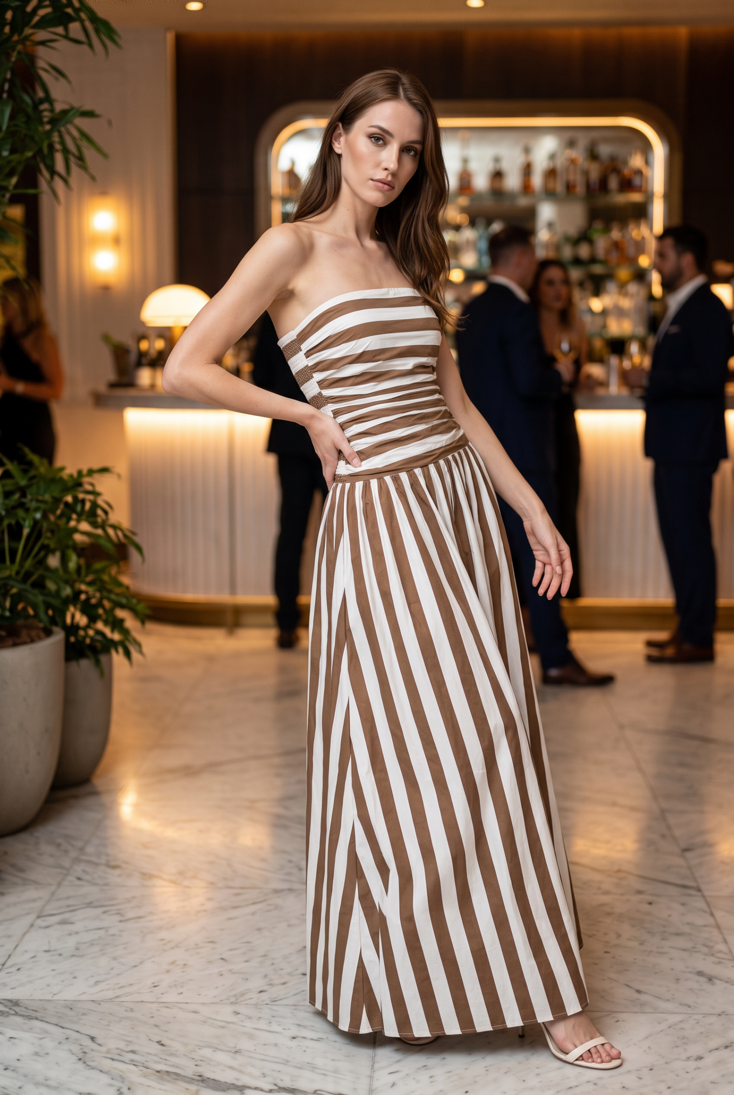 Stripe Ruche Strapless Maxi Dress