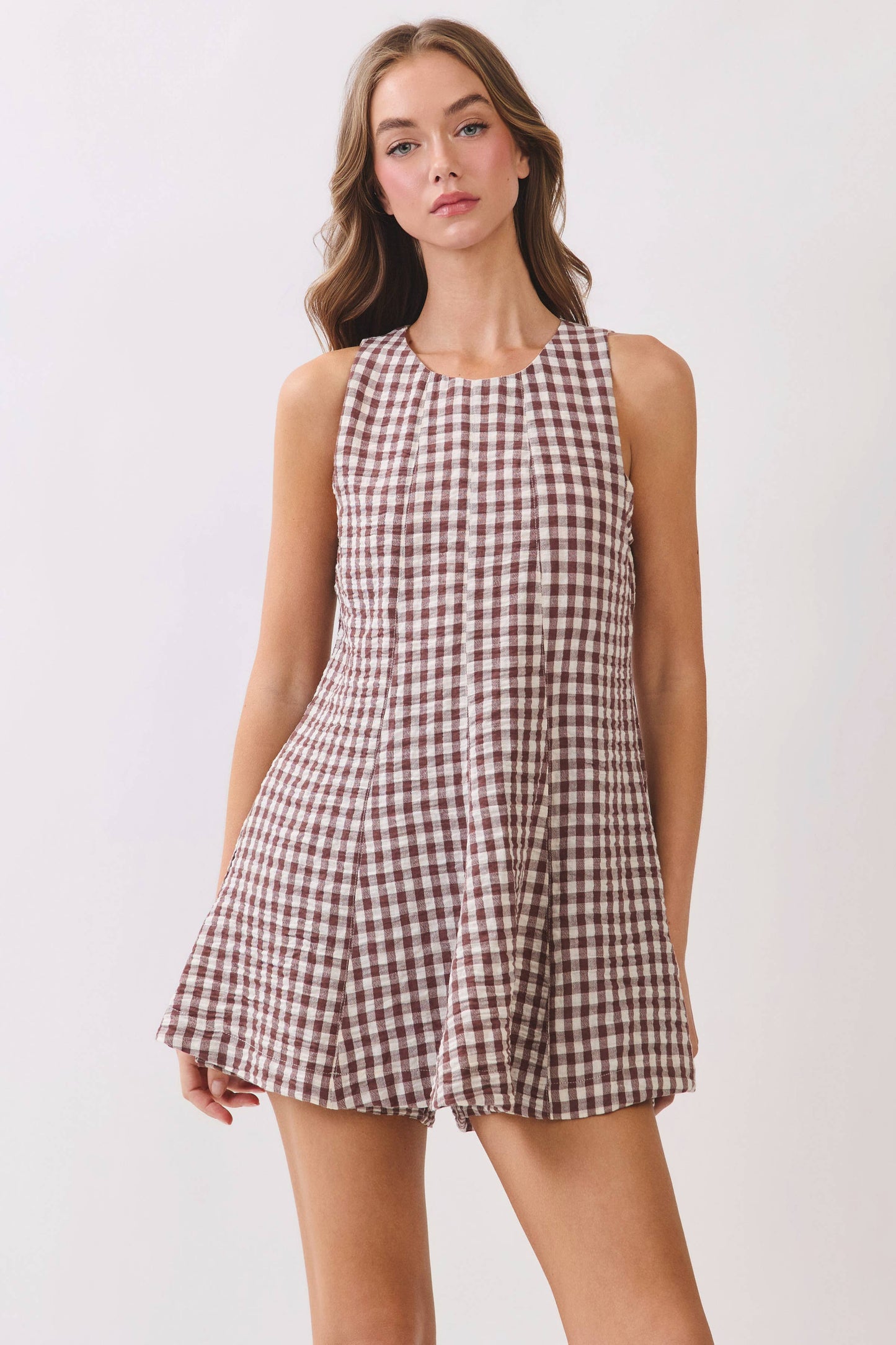 Brown Gingham Sleeveless Baby Doll Romper