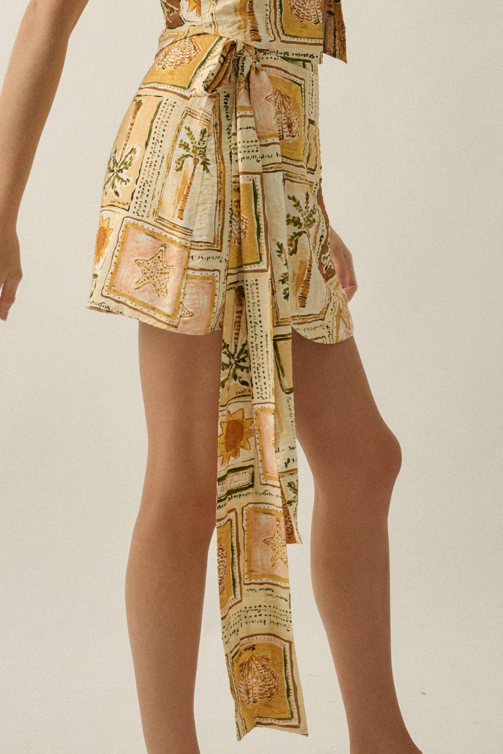 Tropical-Print Side-Tie Wrap Mini Skort