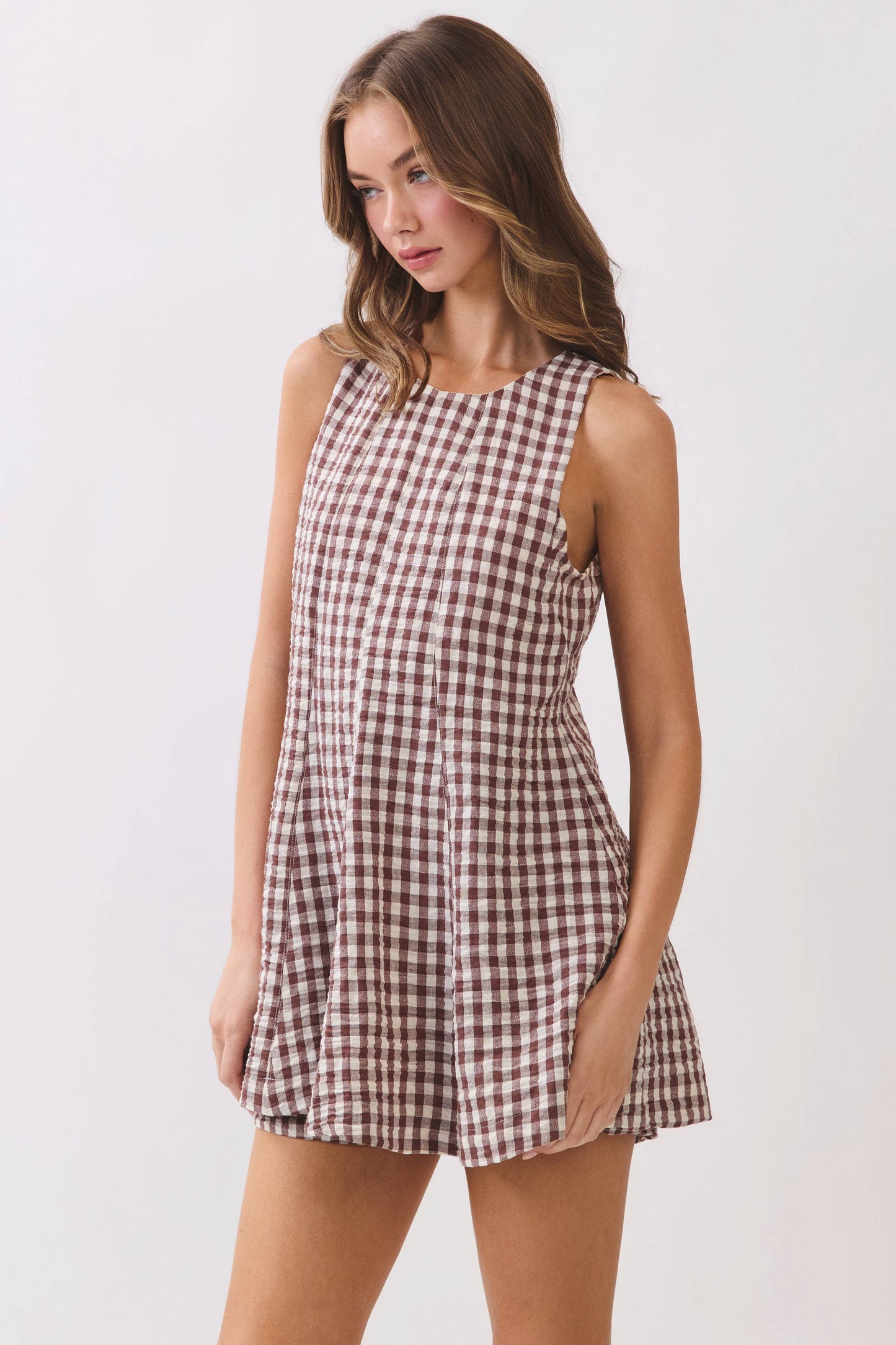 Brown Gingham Sleeveless Baby Doll Romper