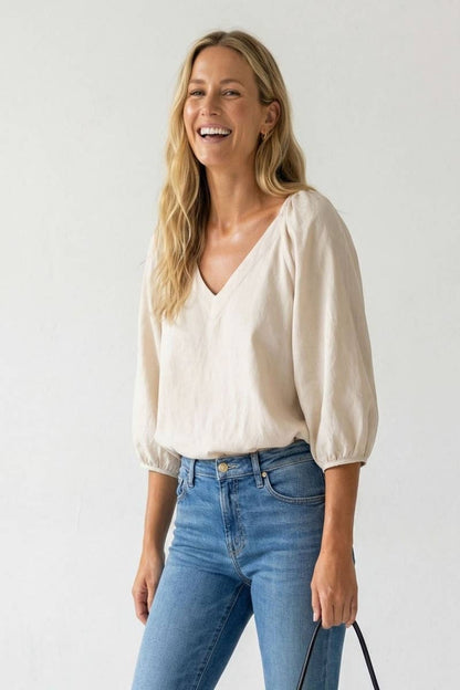 Elastic Puff Sleeve V-neck Blouse