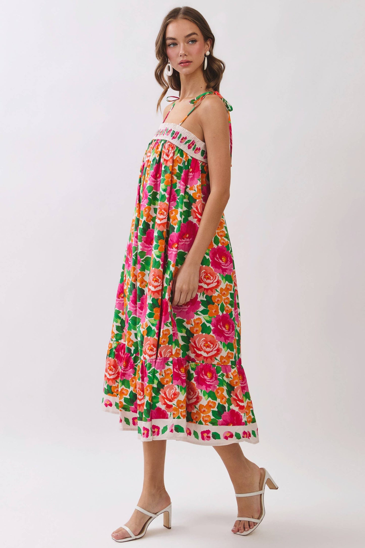 Floral Border Print Tie Strap Midi Dress