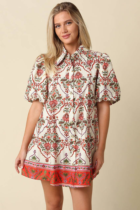 Mary Print Puff Sleeve Mini Dress
