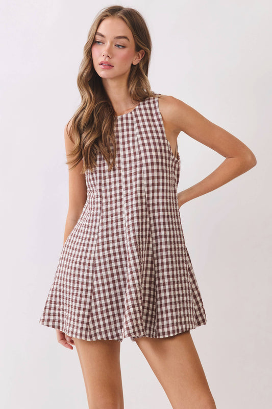 Brown Gingham Sleeveless Baby Doll Romper