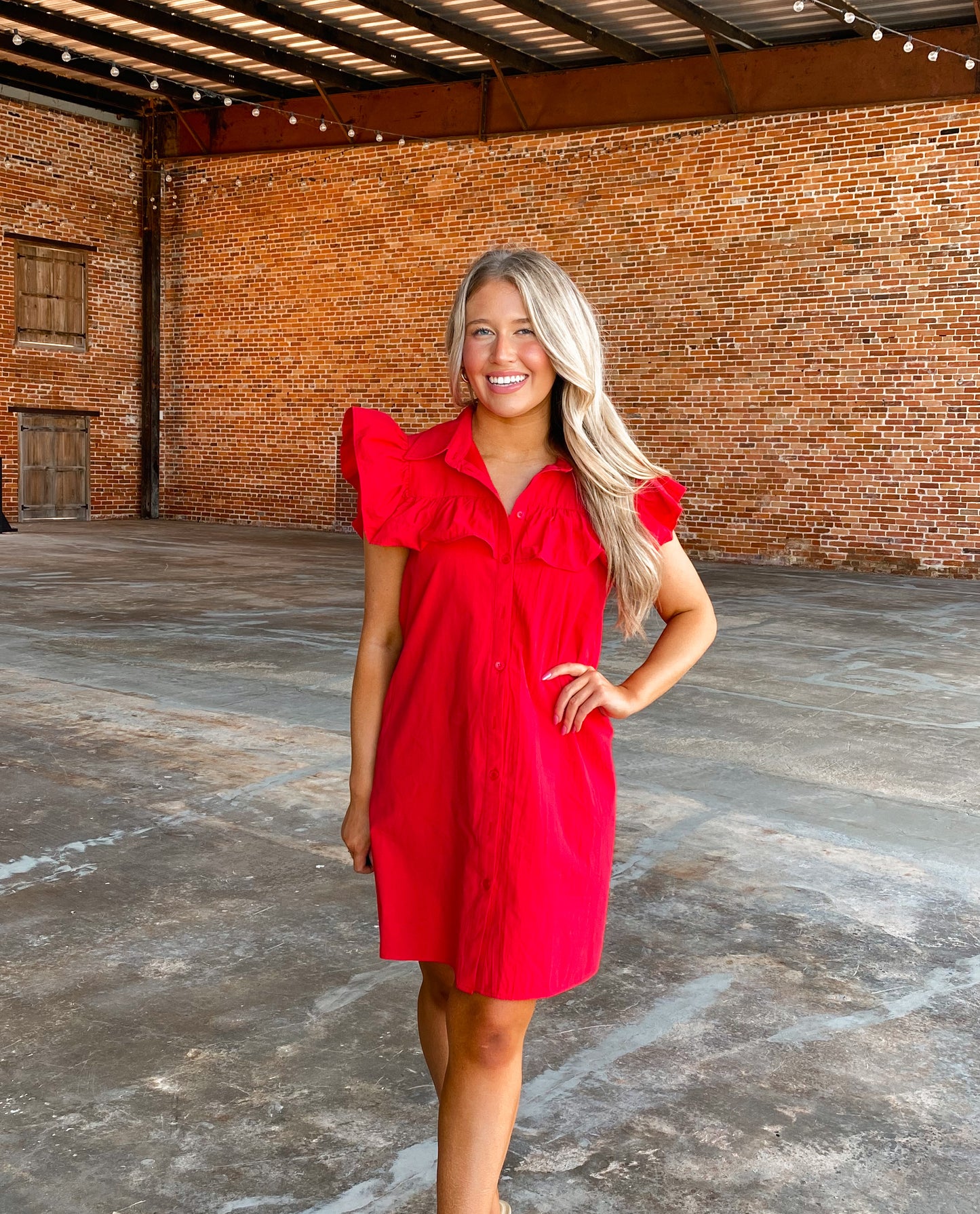 Button Up Ruffle Sleeve Dress in Red