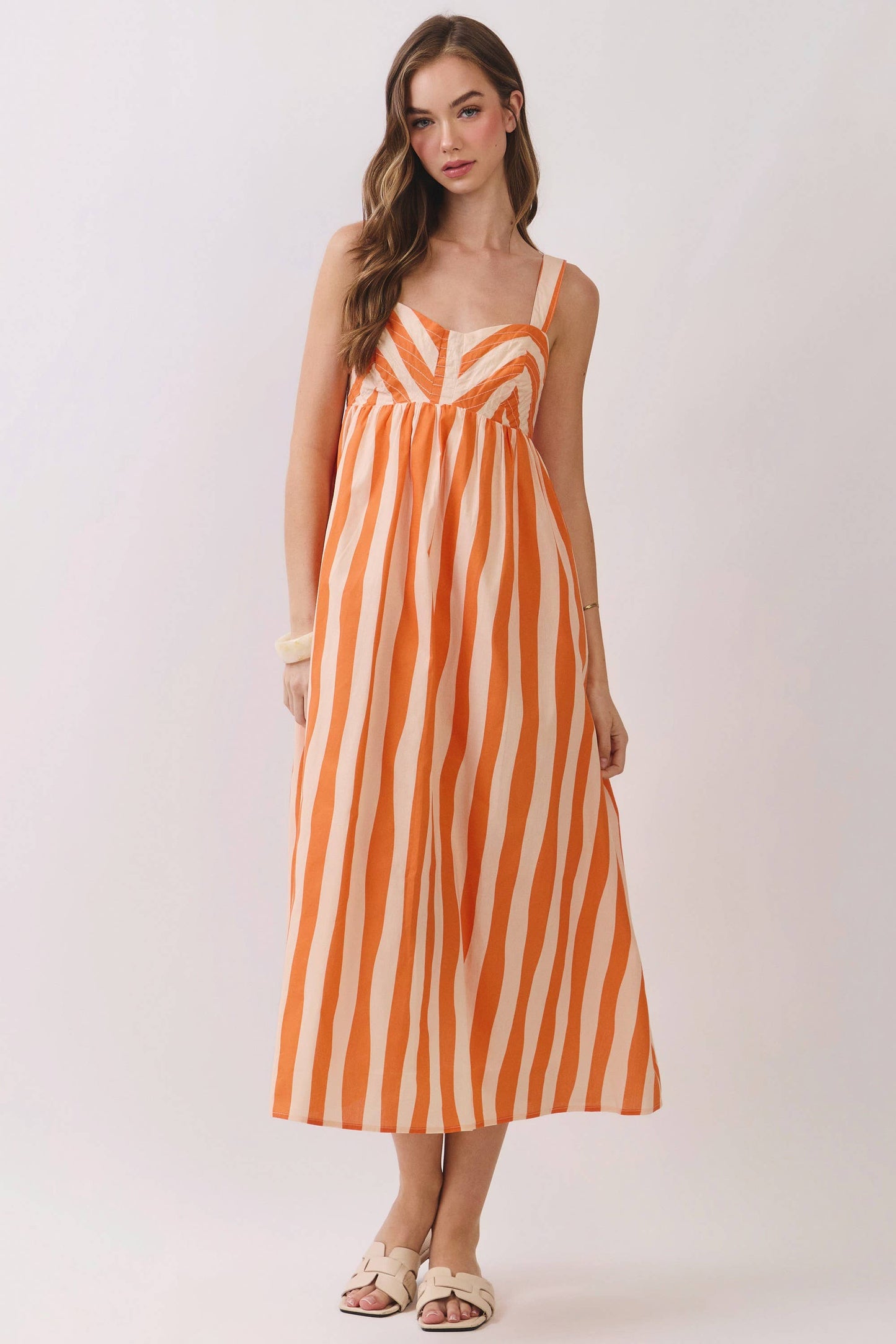 Stripe Empire Waist Midi Dress in Orange Stripe