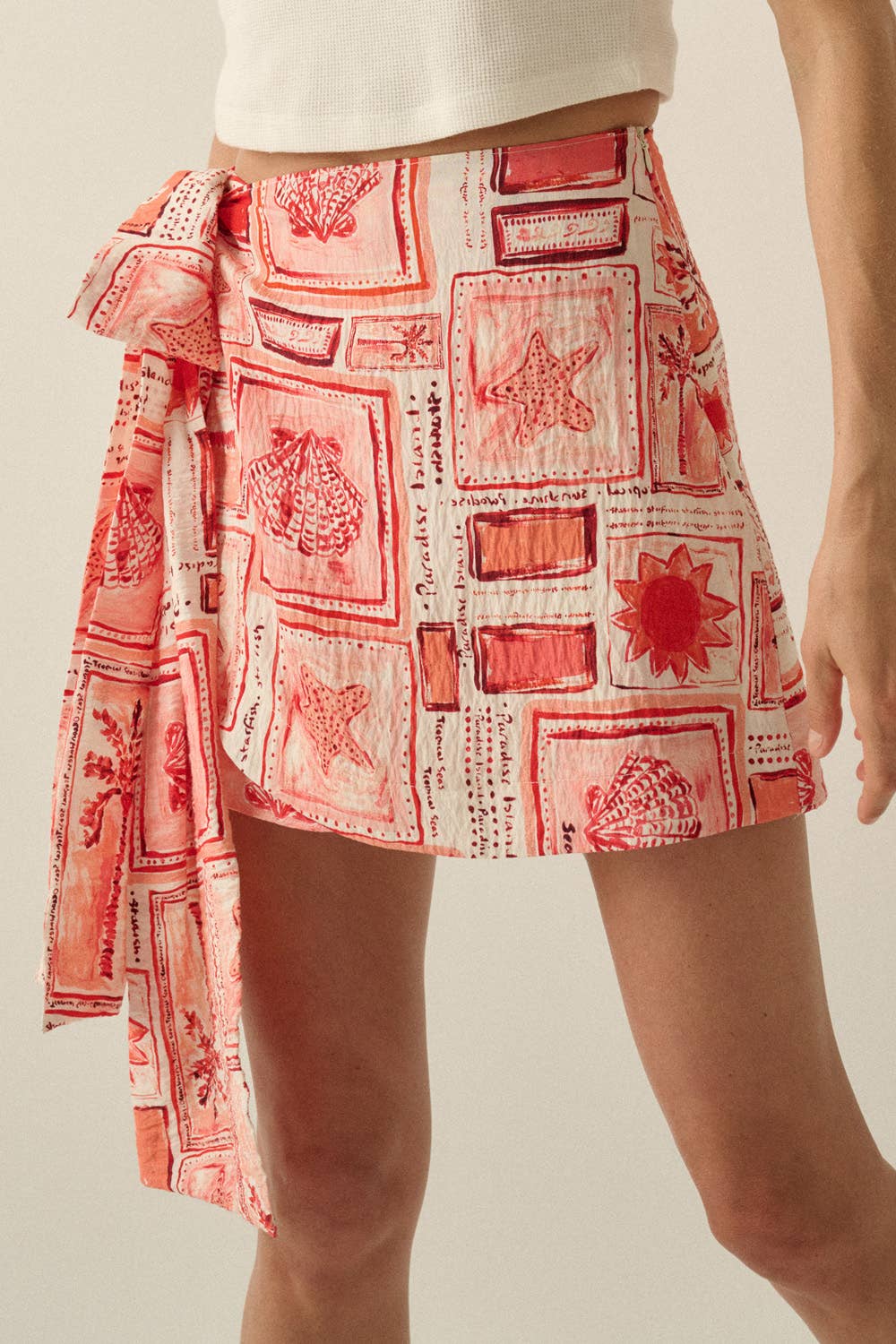 Tropical-Print Side-Tie Wrap Mini Skort