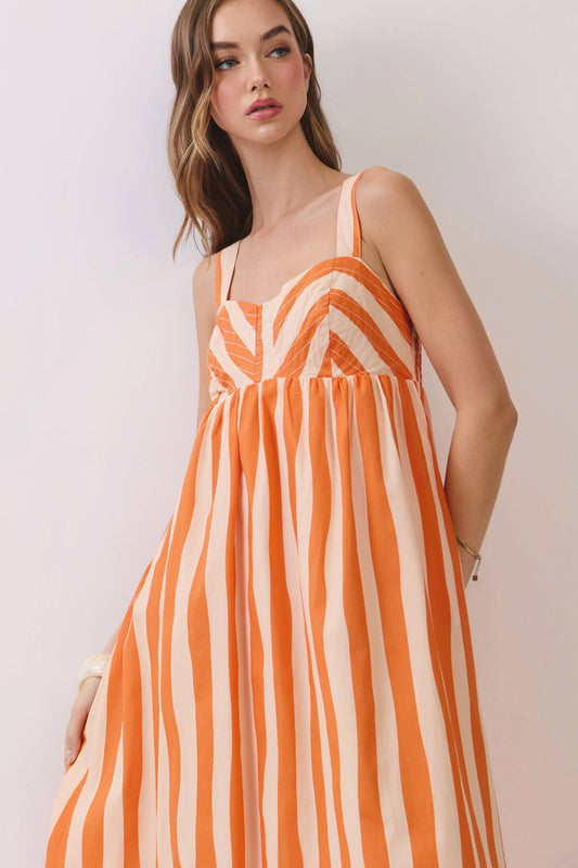 Stripe Empire Waist Midi Dress in Orange Stripe