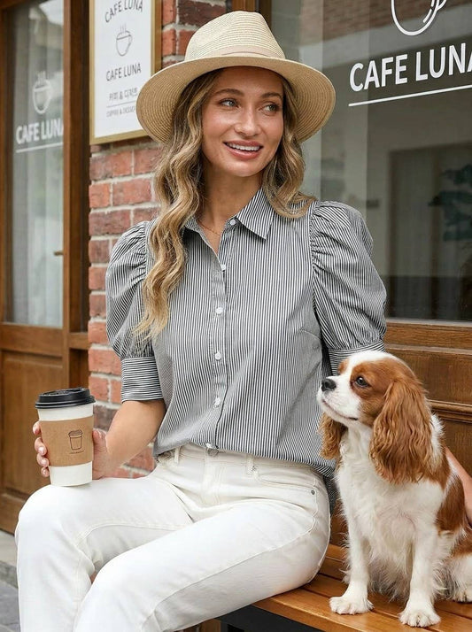Striped Collared Neck Short Puff Sleeve Blouse Top