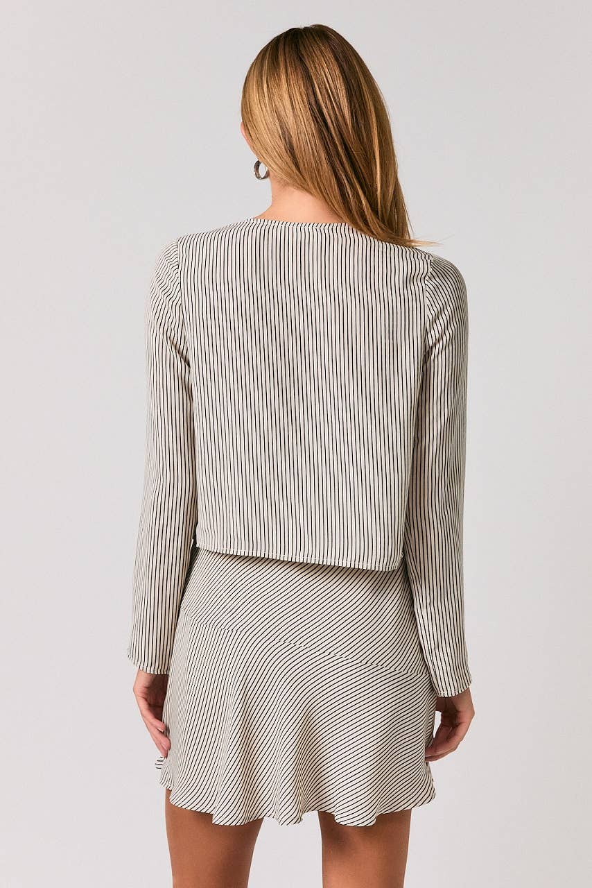 Round Neck Woven Strip Cardigan in Cream/Black