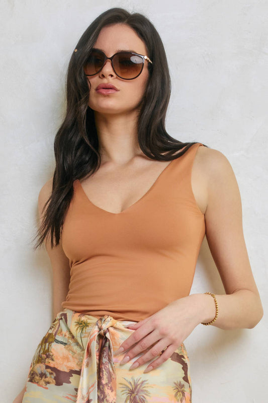 V Neck Double Faced Top in Clay