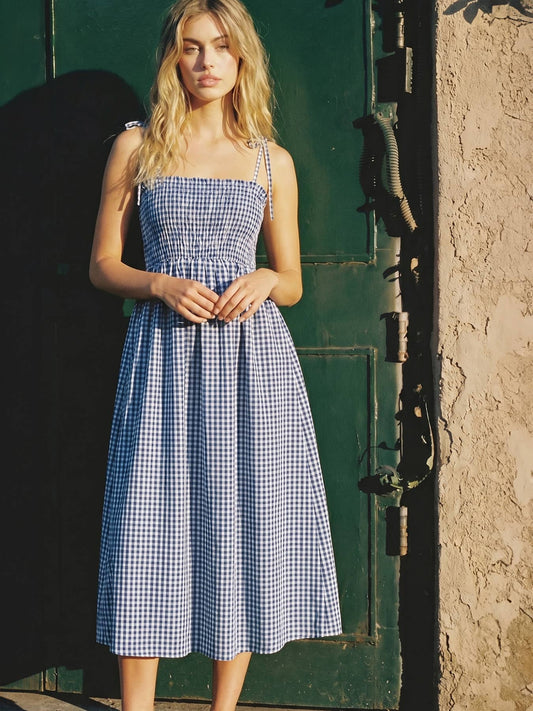 Sleeveless Smocked Gingham Check Cotton Summer Midi Dress