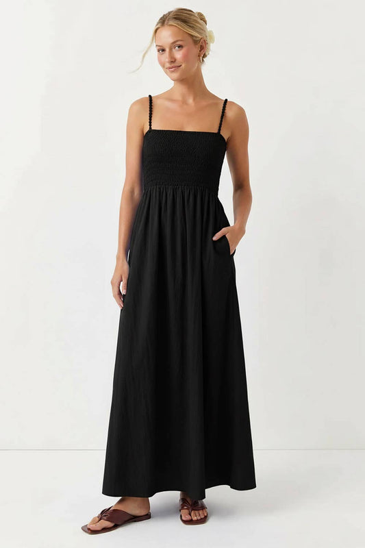 Pom Pom Smocking Maxi Dress in Black