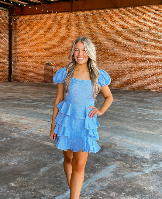 Linen Tiered Mini Dress in Chambray Stripe