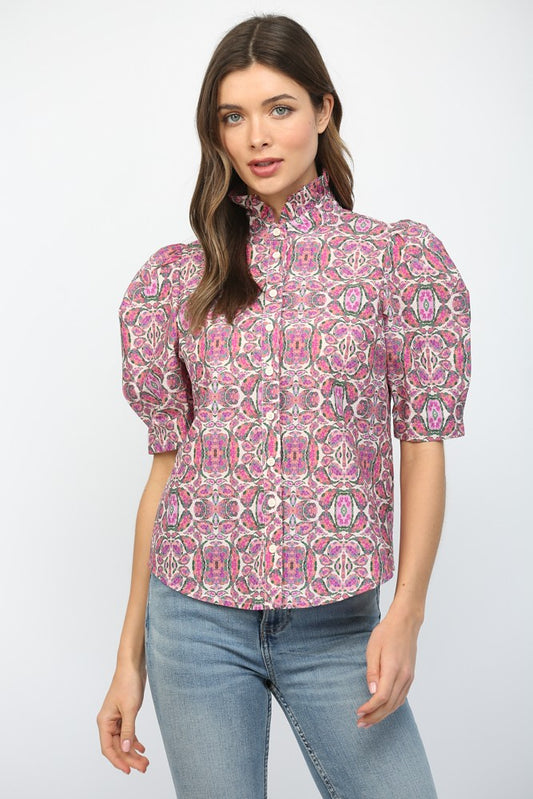 Abstract Pink Button Down Top