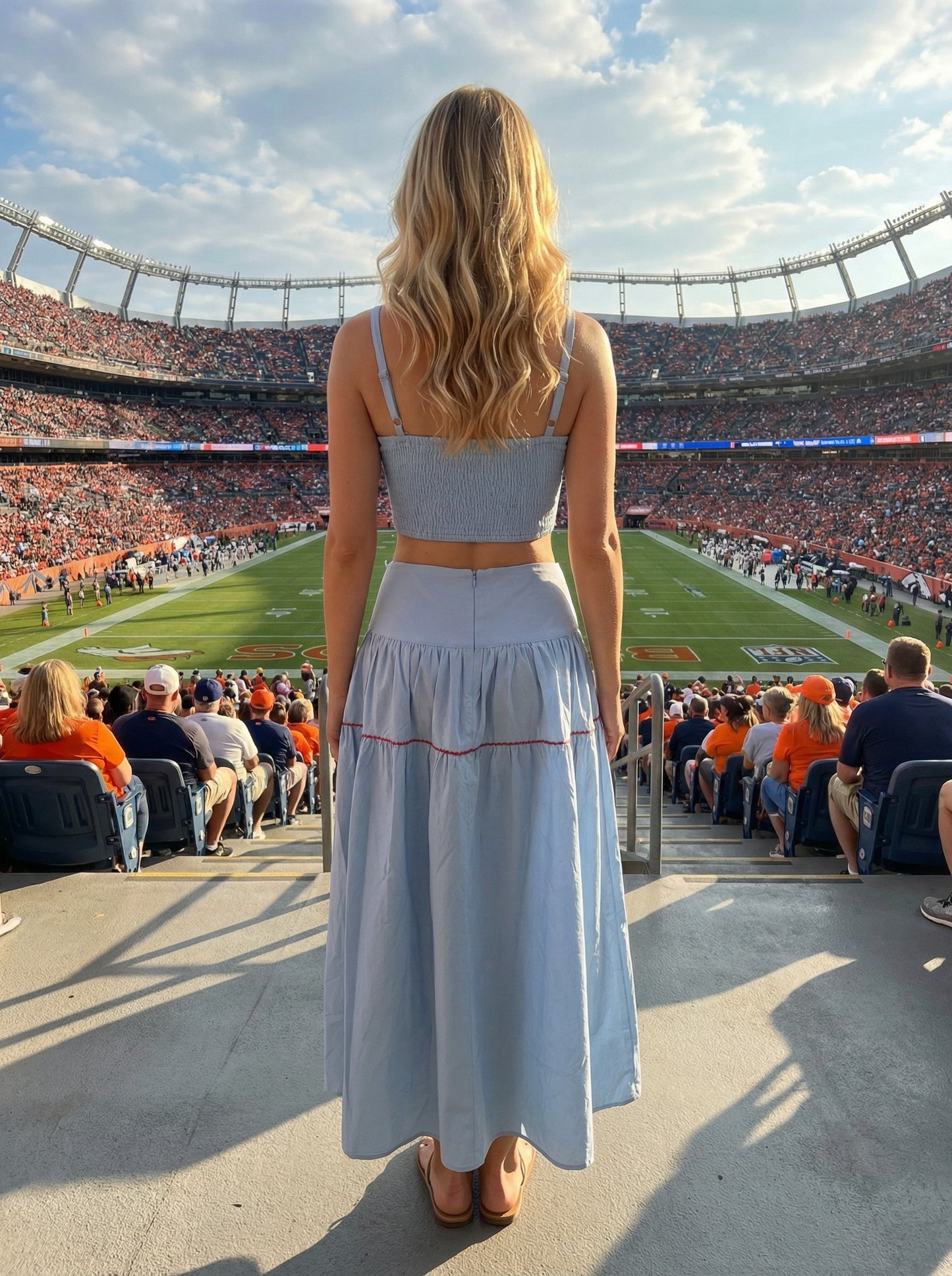 American Spirit Maxi Skirt Set In Light Blue & Red