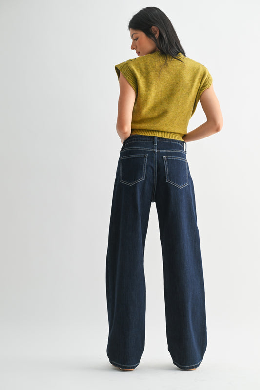 Ashley Drawstring Wide Leg Jeans In Dark Denim