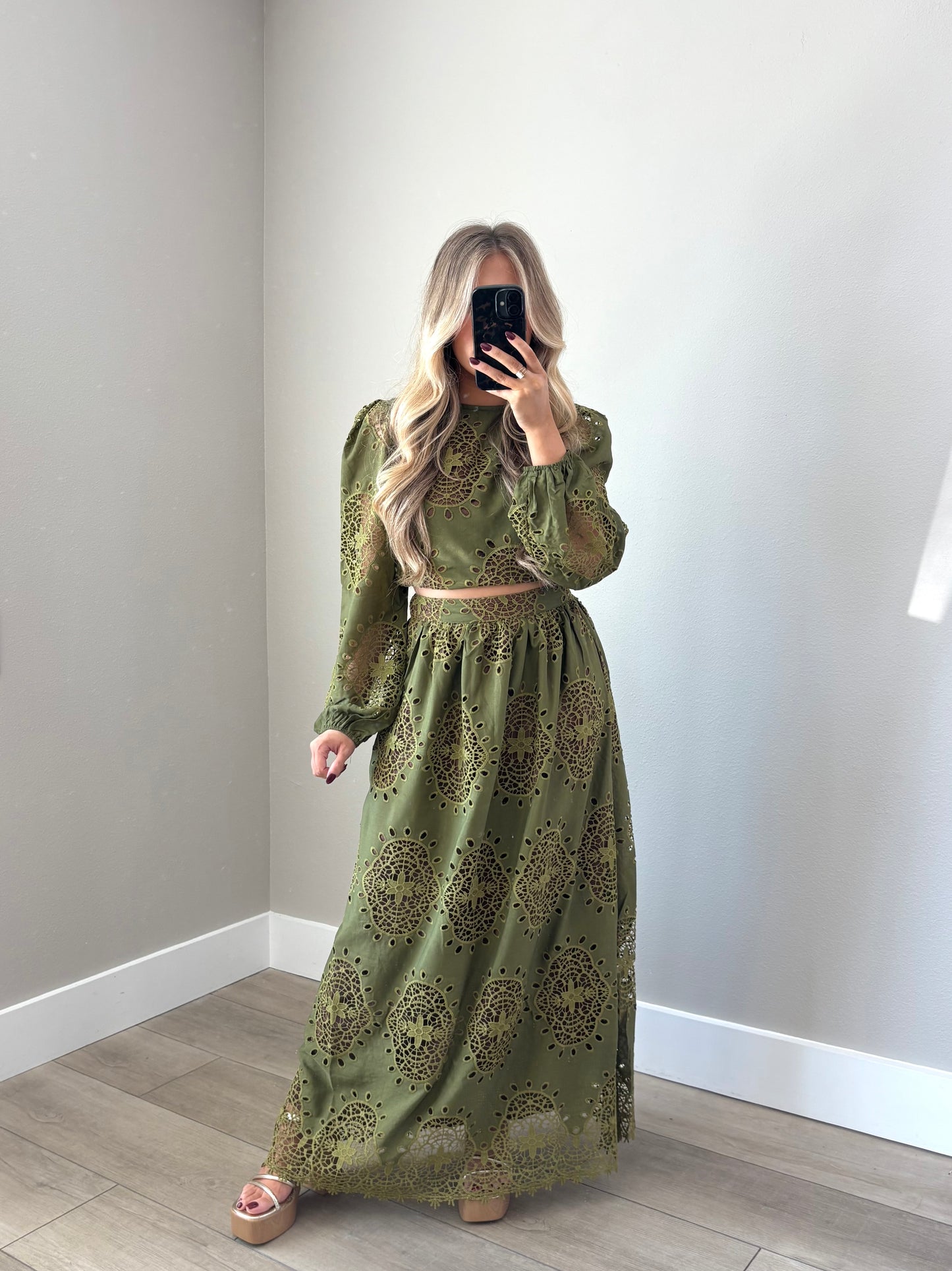 Eyelet Lace Maxi Skirt In Olive
