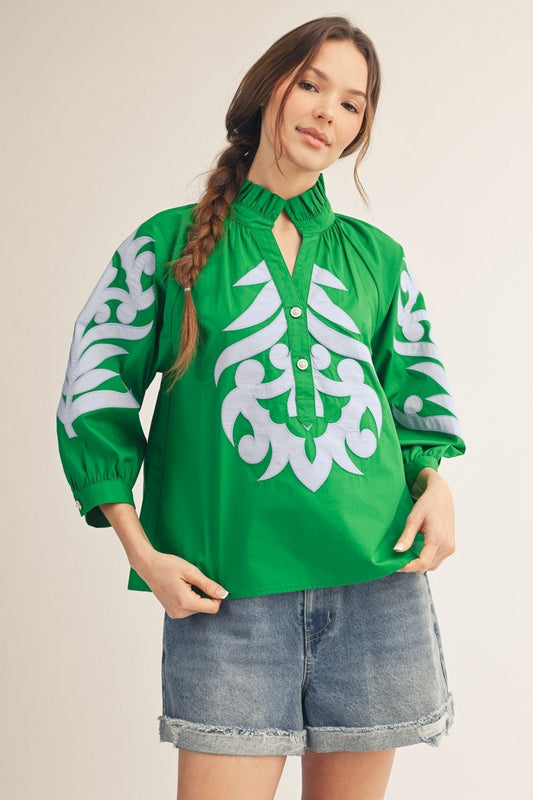 Baroque Applique Detail Top In Sky Blue & Kelly Green