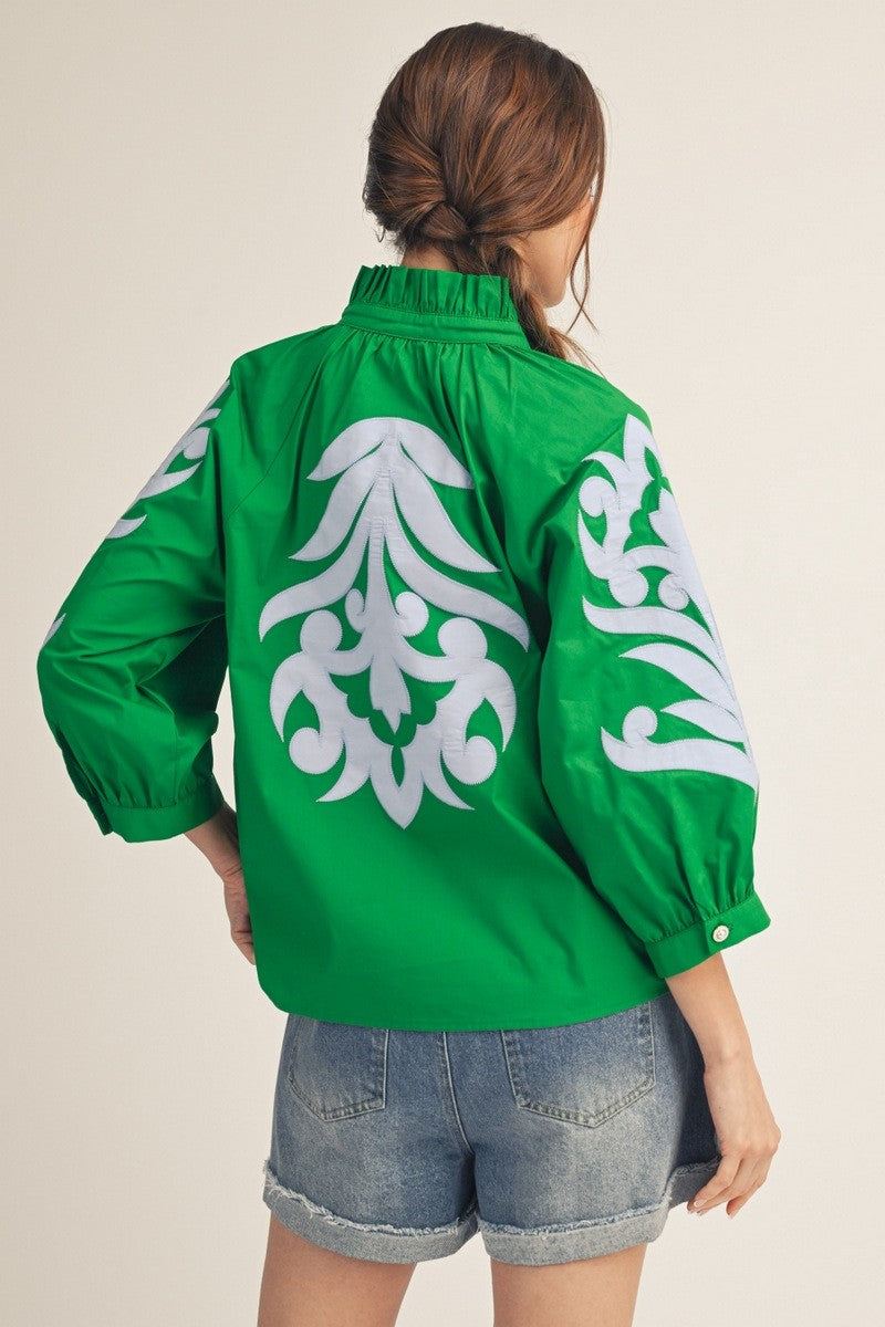 Baroque Applique Detail Top In Sky Blue & Kelly Green