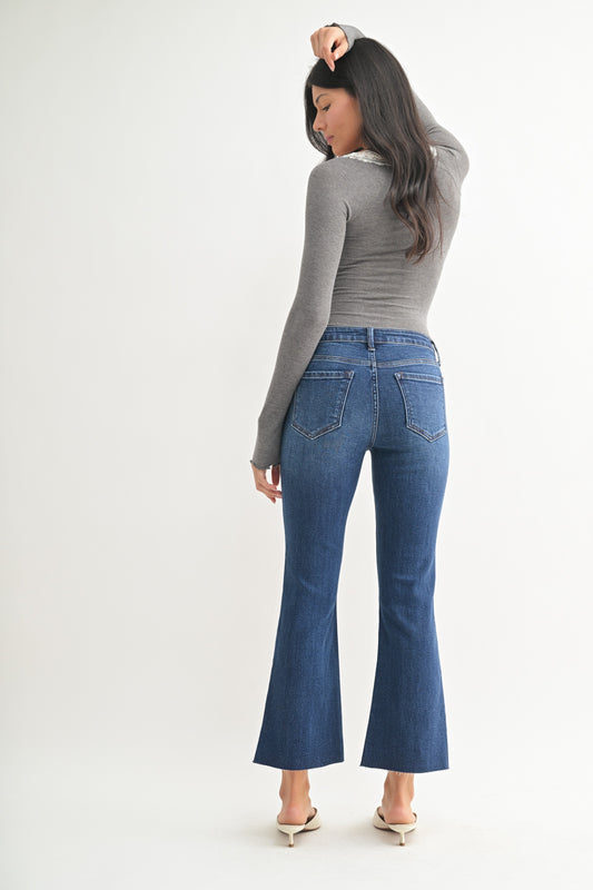 Blair Cropped Raw Hem Flare In Dark Denim