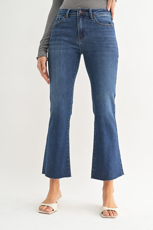 Blair Cropped Raw Hem Flare In Dark Denim