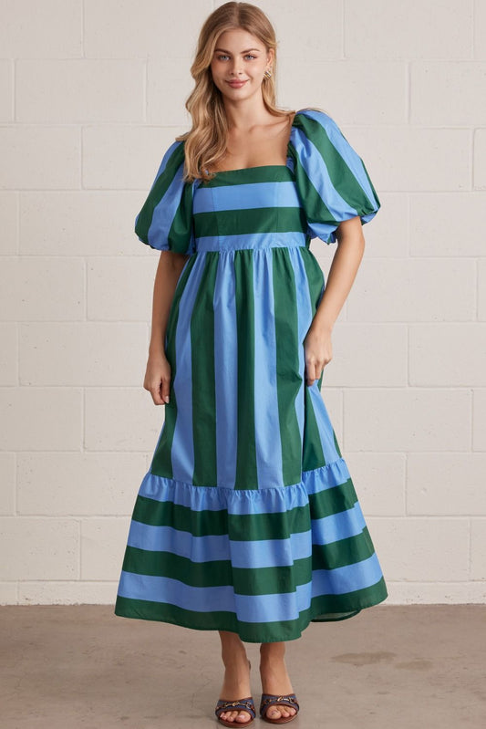 Blue And Green Stripe Puff Sleeve Midi Dress With Bow Detail