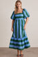 Blue And Green Stripe Puff Sleeve Midi Dress With Bow Detail