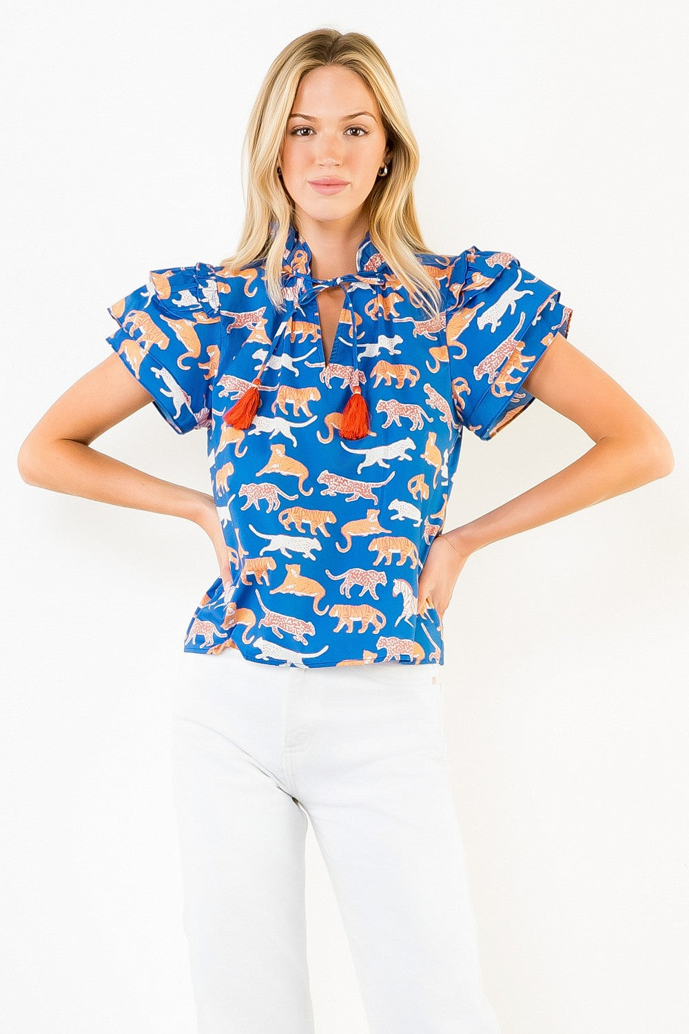 Blue Animal Print Short Sleeve Top With Tassles