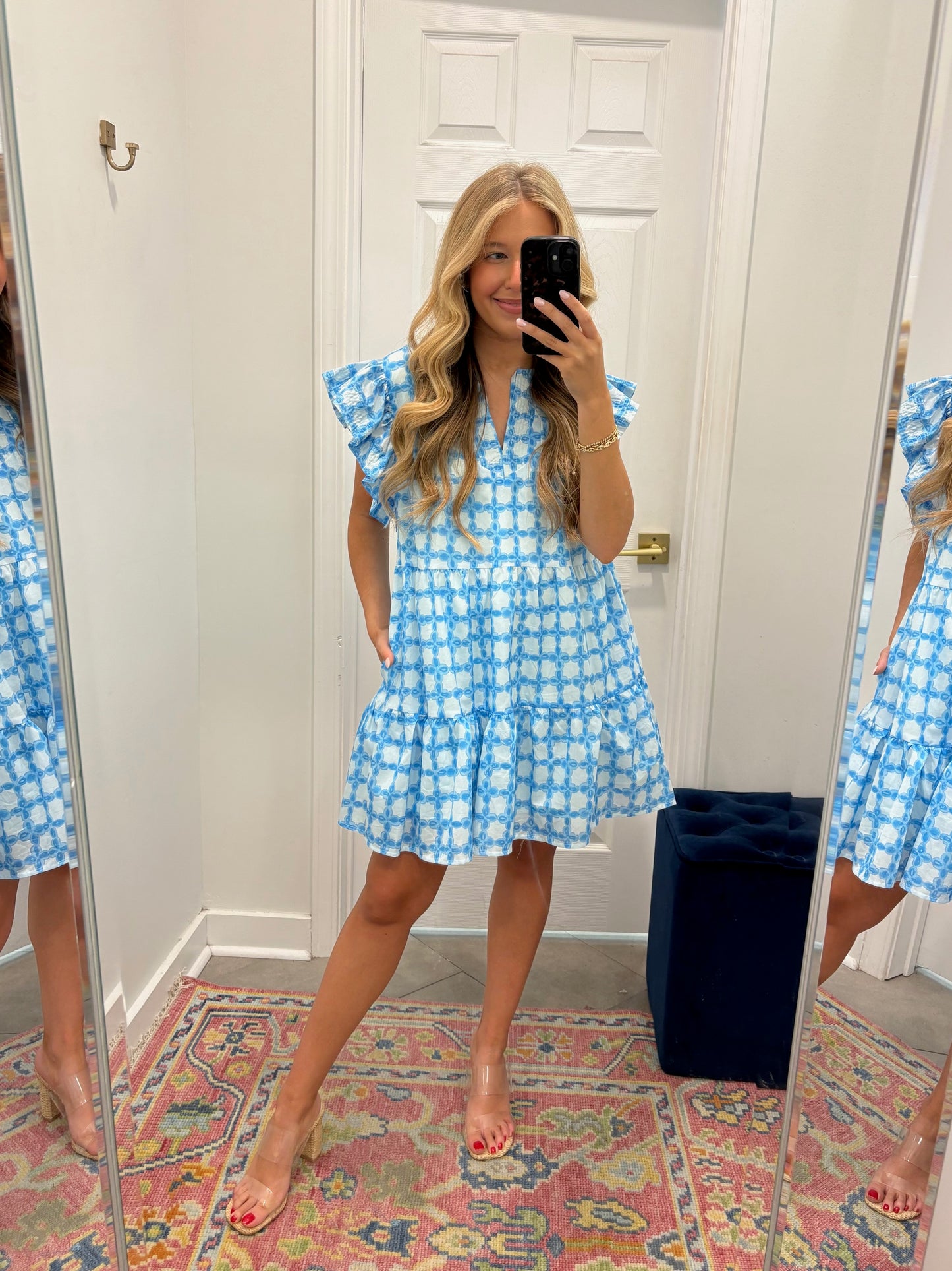 Blue Printed Ruffle Mini Dress