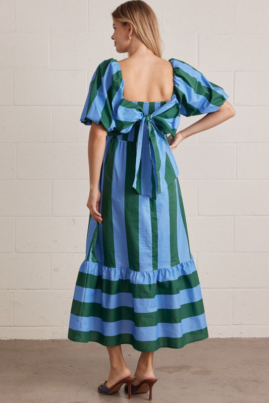 Blue And Green Stripe Puff Sleeve Midi Dress With Bow Detail
