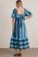 Blue And Green Stripe Puff Sleeve Midi Dress With Bow Detail