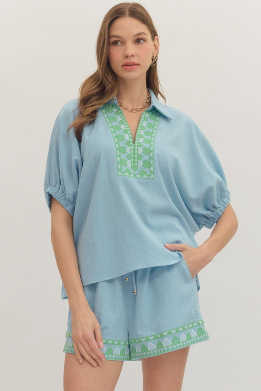 Blue Collared Embroidered V-Neck Top