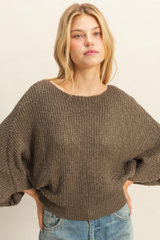 Boat Neck Knit Sweater In Olive