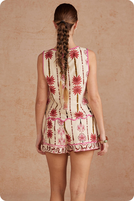 Border Striped Palm Floral Scalloped Linen Skort Set