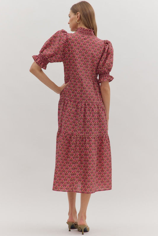 Botanical Print Puff Sleeve Midi