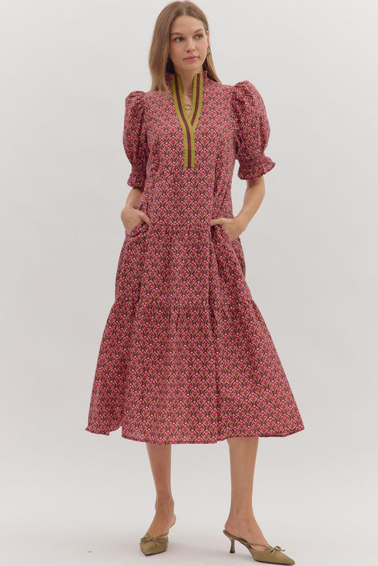 Botanical Print Puff Sleeve Midi