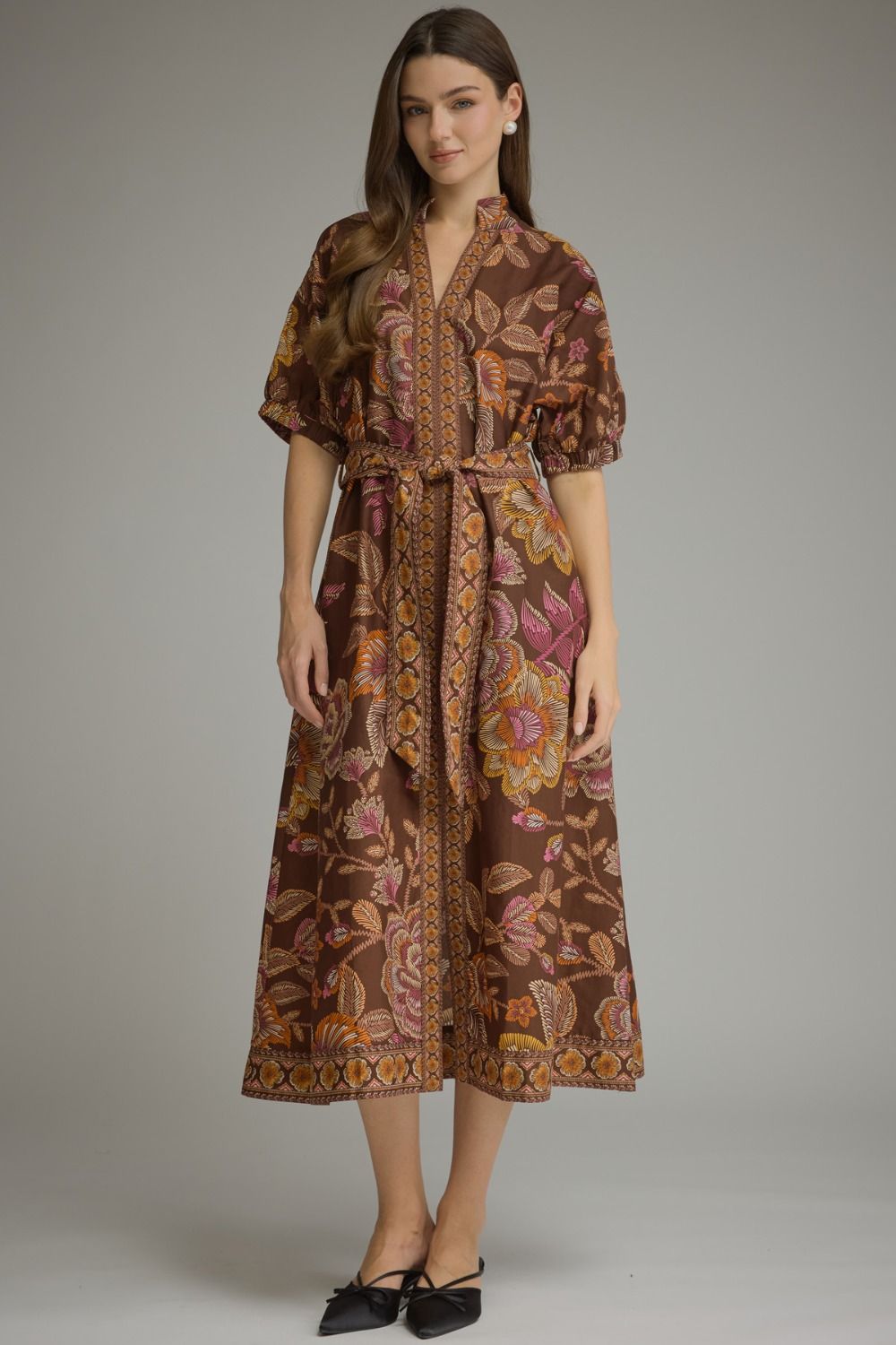 Botanical Print Short Sleeve Midi Dress In Terra Cotta