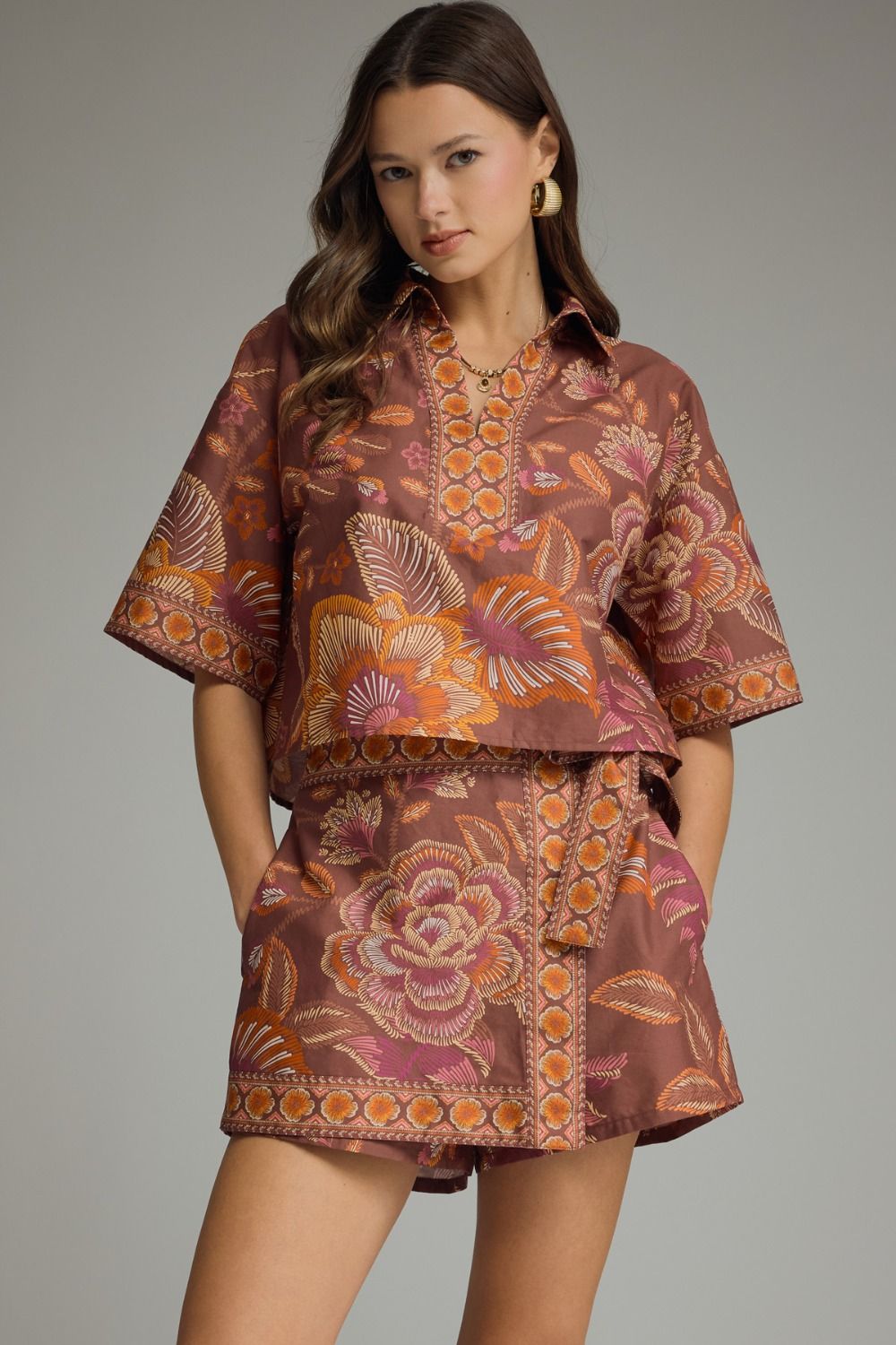 Botanical Print Short Sleeve Top In Terra Cotta