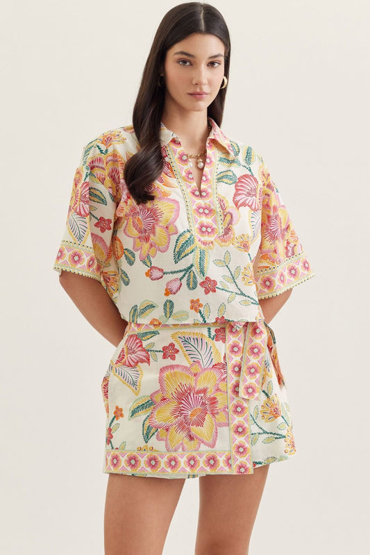 Botanical Print V-Neck Top in Pink