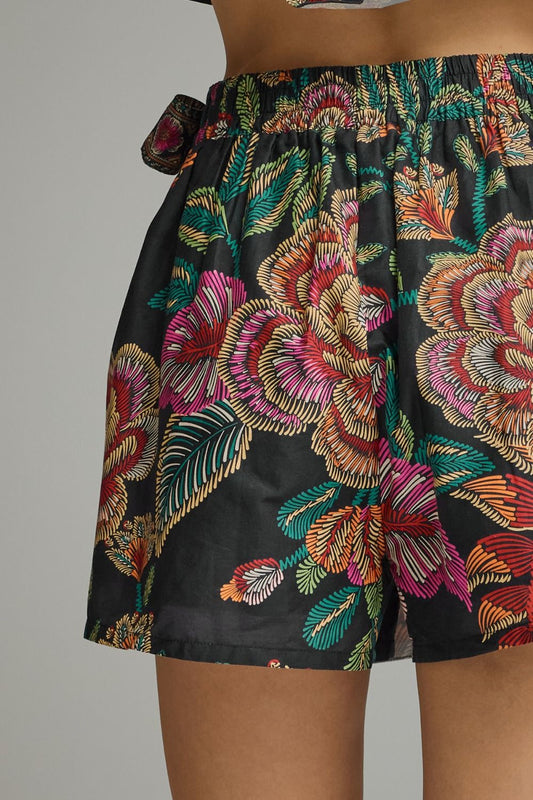 Botanical Print Wrap Front Skort In Black