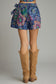 Botanical Print Wrap Front Skort In Indigo