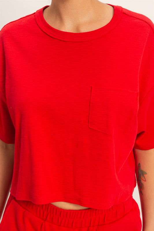 Boxy Crew Neck Top With Pocket In Red