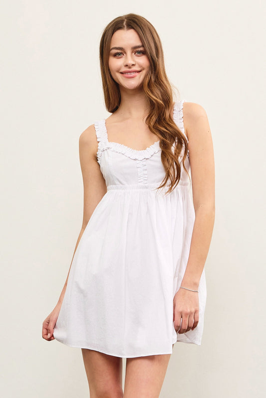 Bright Elastic Shirring Strap Dress In White