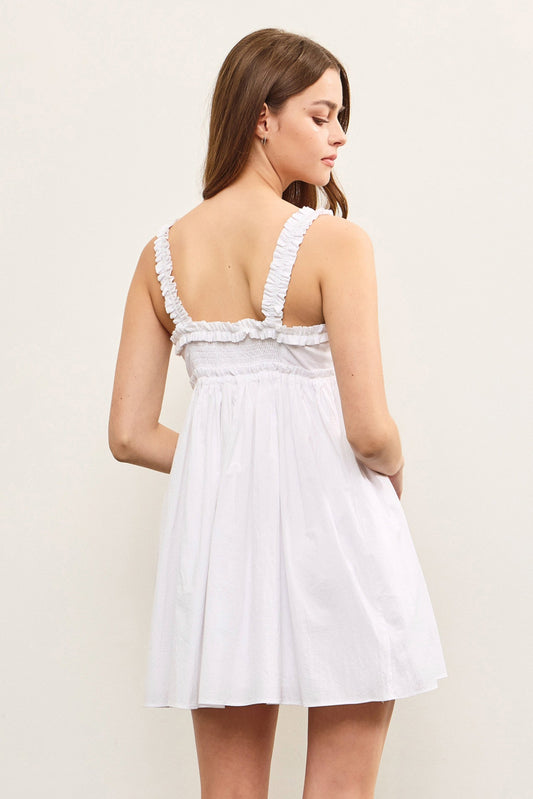 Bright Elastic Shirring Strap Dress In White