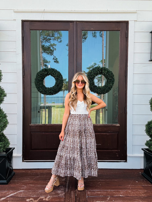 Brown Floral Border Print Tiered Midi Skirt