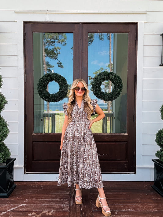 Brown Floral Print Tiered Midi Dress
