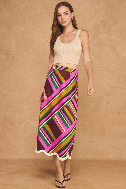 Brown Scallop Trim Printed Midi Skirt