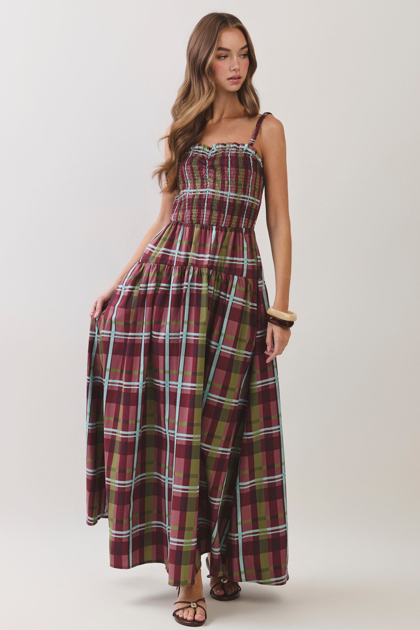 Burgundy Plaid Smocked Tiered Maxi Dress
